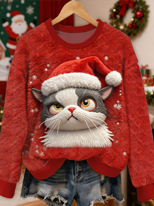 Gorgeous Christmas Cat Mønster Casual Lang ærmet Sweatshirt