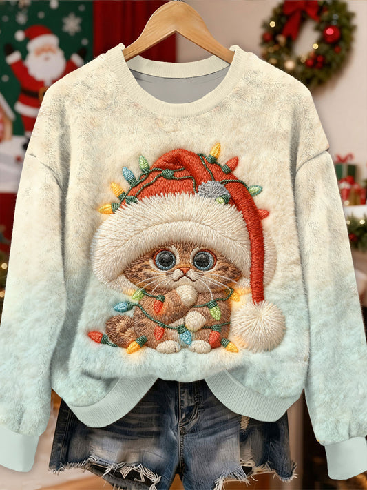 Gorgeous Christmas Cat Mønster Casual Lang ærmet Sweatshirt