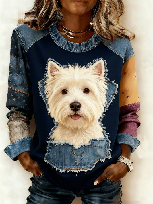 Kvinders Retro Animal Art Print Komfortable Denim Patchwork Sweatshirt