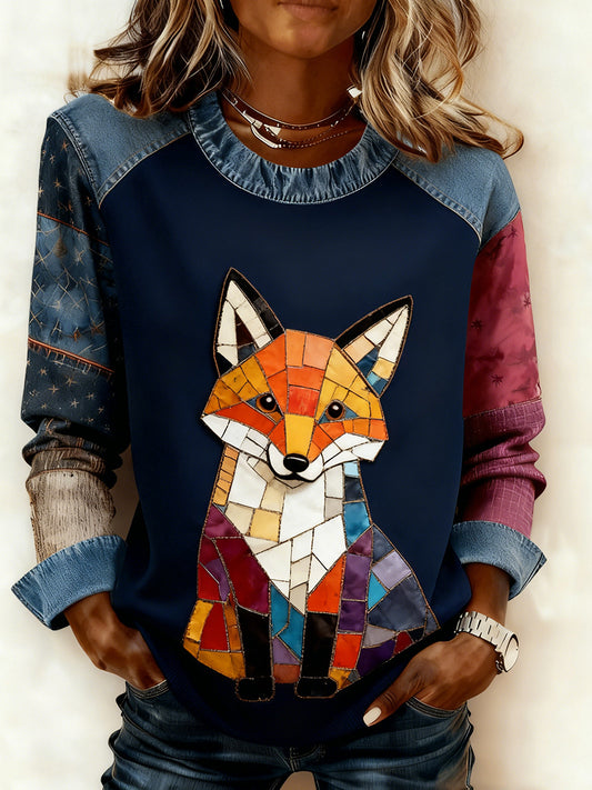 Kvinders Retro Animal Art Print Komfortable Denim Patchwork Sweatshirt