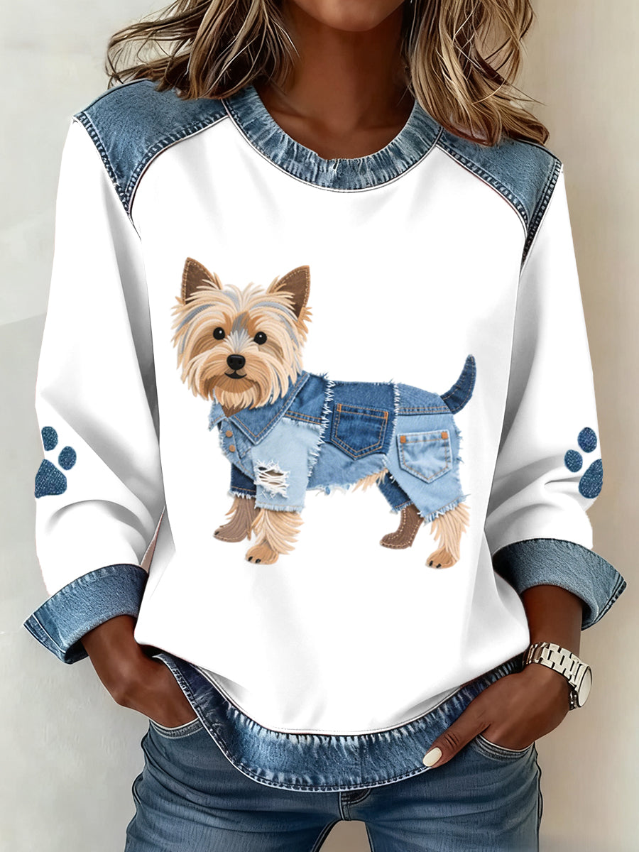 Kvinders dejlige Yorkshire Terrier hunde mønster Denim Patchwork Sweatshirt