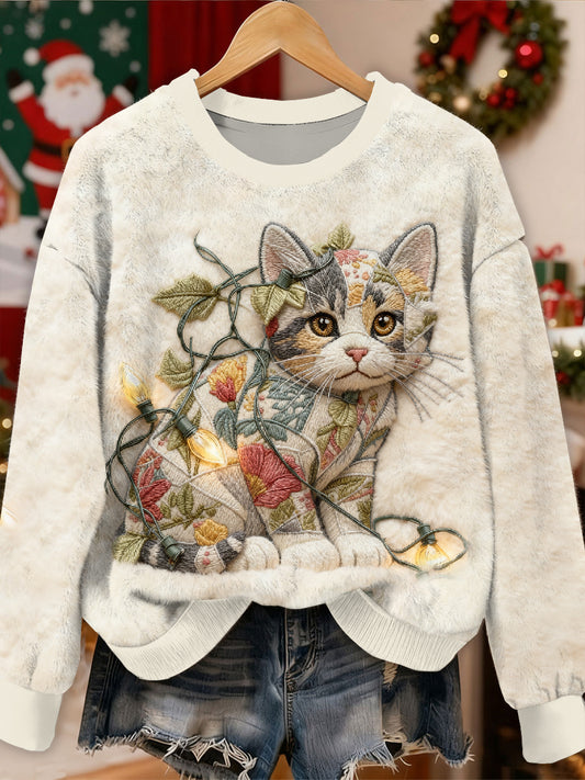 Gorgeous Christmas Cat Mønster Casual Lang ærmet Sweatshirt
