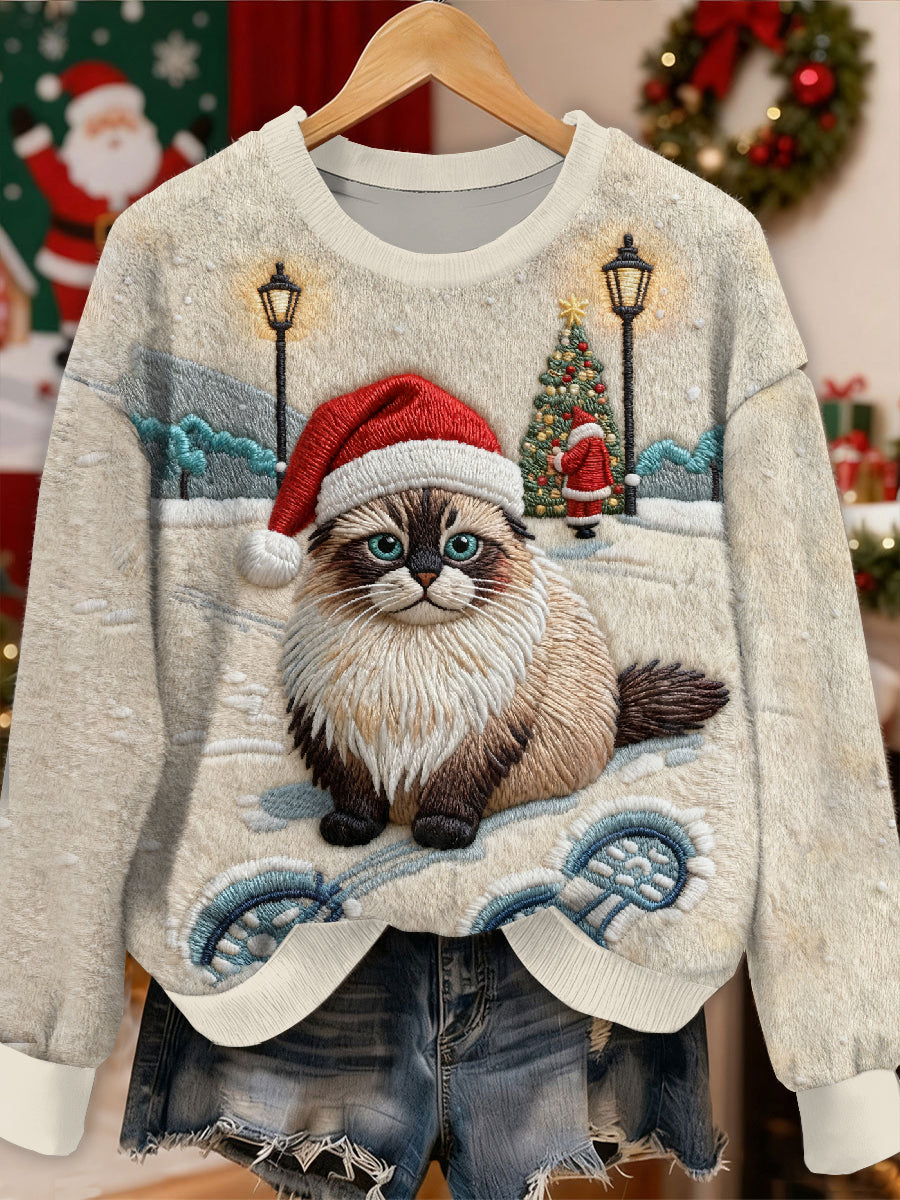 Gorgeous Christmas Cat Mønster Casual Lang ærmet Sweatshirt