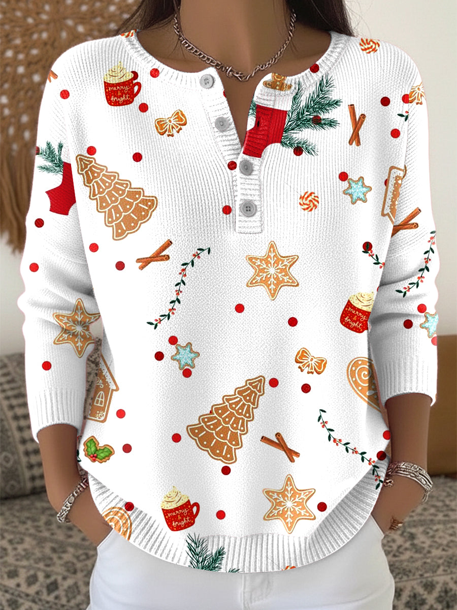 Hvid damesweater med sødt jule- og tegneserieprint