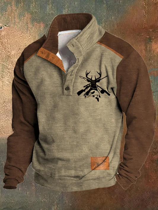 Mænds jagt og fiskeri trykket stativ krave knap Flush udendørs sweatshirt
