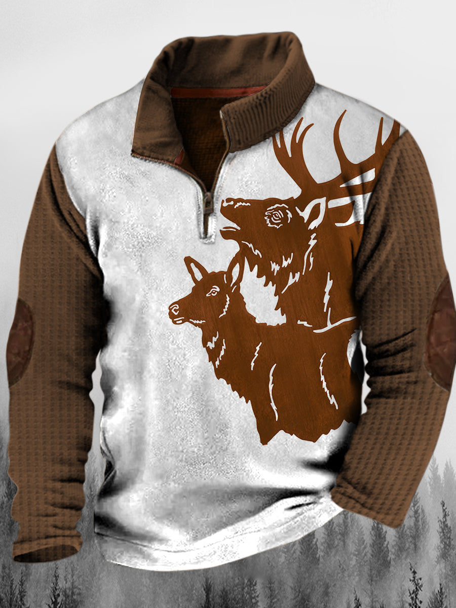 Mænds Vintage Elk trækorn udskrive stativ krave knap Flush udendørs sweatshirt