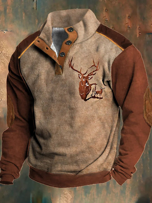 Mænds klassiske Western Hjort Print stand krave lynlås Flush udendørs sweatshirt