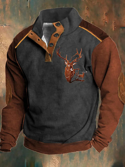 Mænds klassiske Western Hjort Print stand krave lynlås Flush udendørs sweatshirt