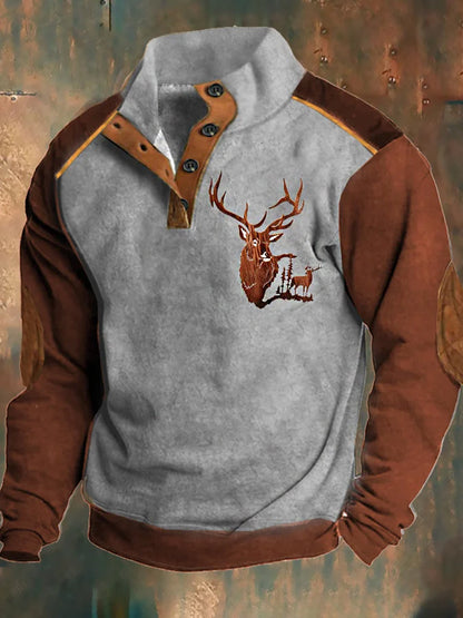 Mænds klassiske Western Hjort Print stand krave lynlås Flush udendørs sweatshirt