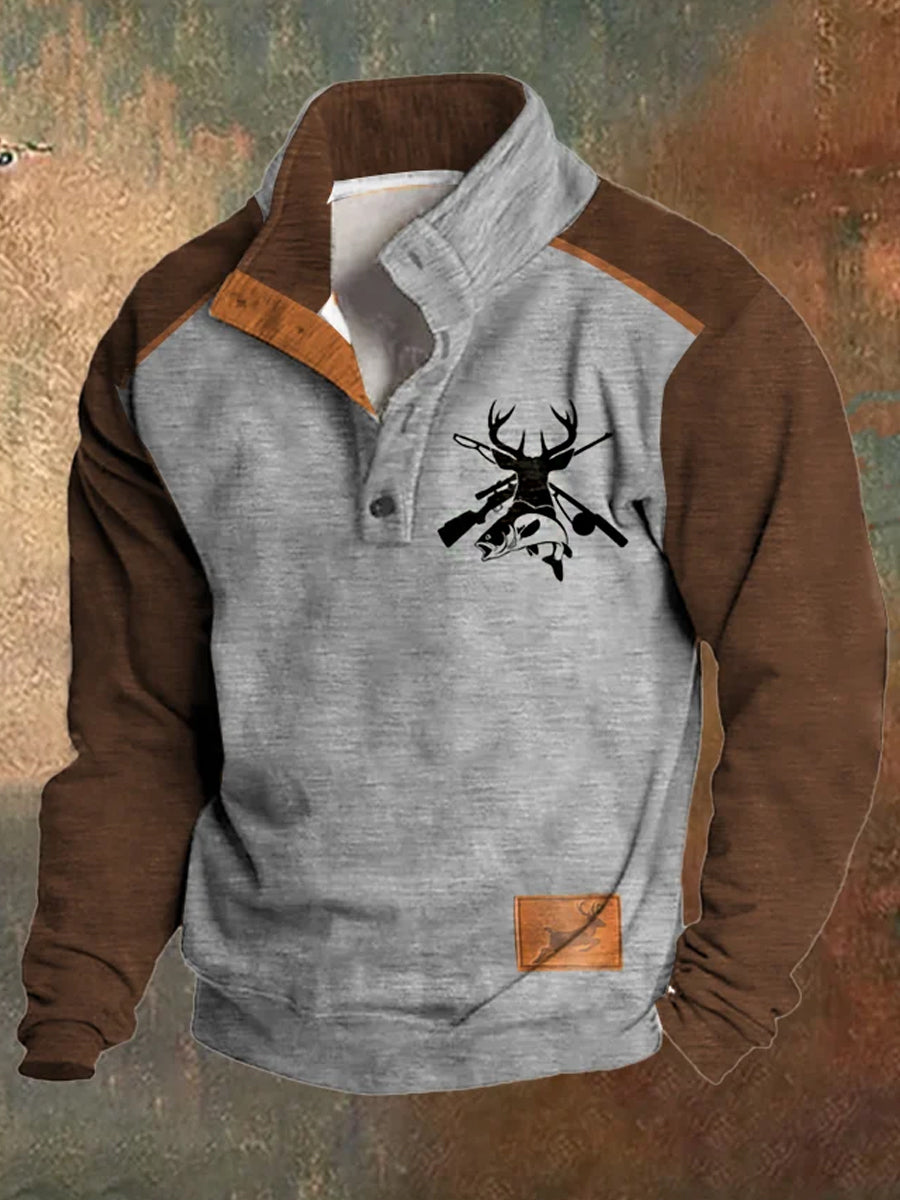 Mænds jagt og fiskeri trykket stativ krave knap Flush udendørs sweatshirt
