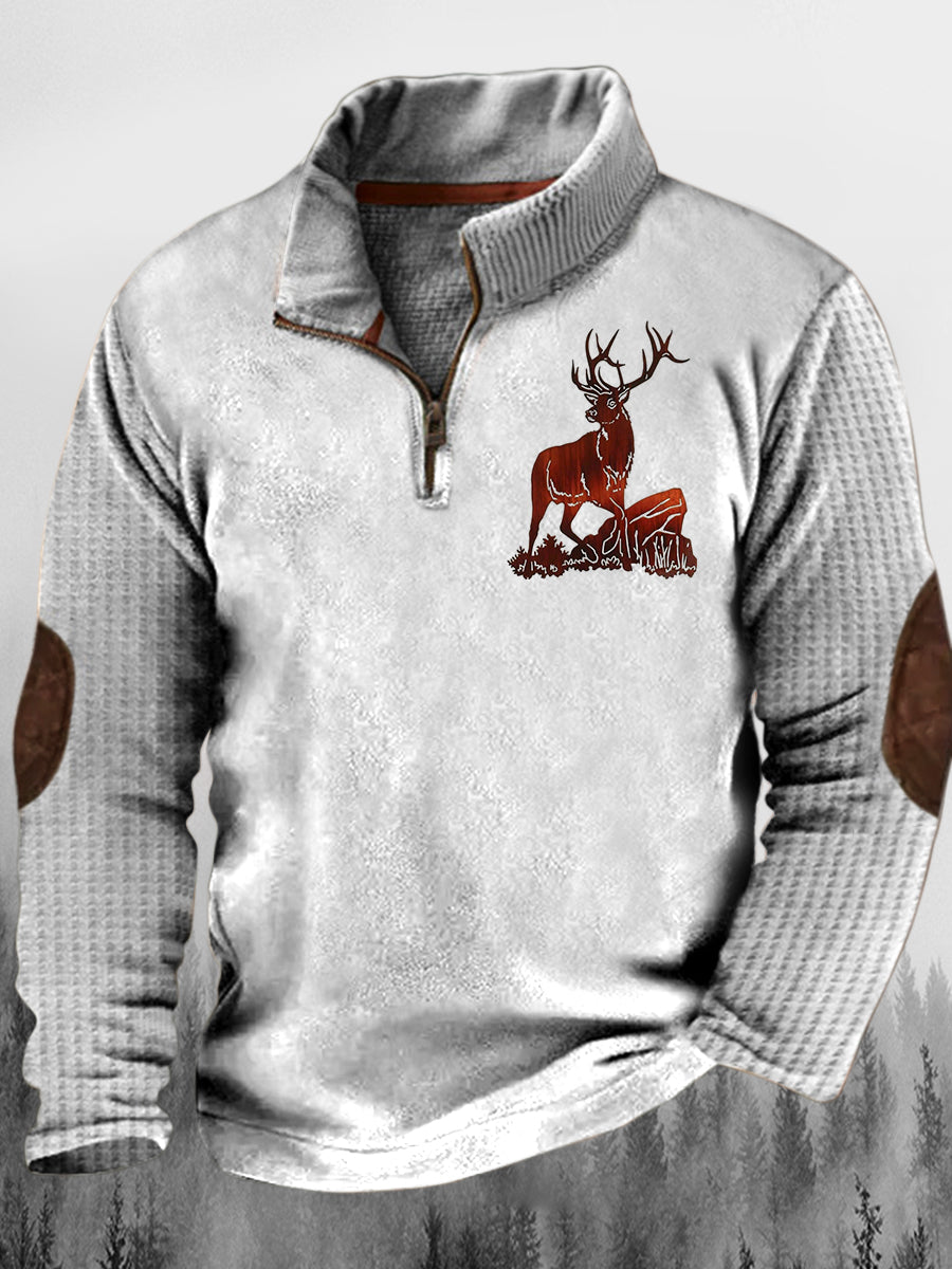 Mænds Western Elk Rock Stone Print Stand krave knap Flush udendørs sweatshirt