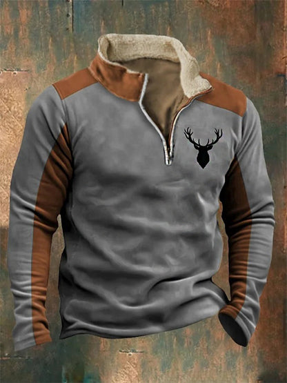 Mænds Western Elk Splicing Print Stand Fur krave lynlås Flush udendørs sweatshirt