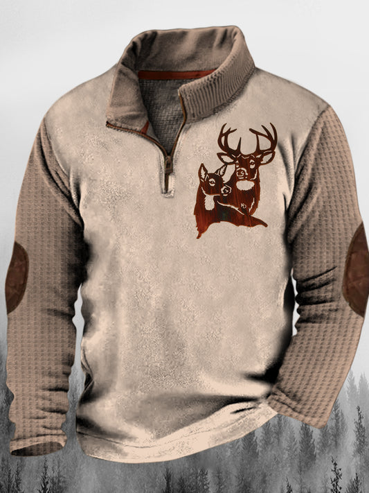 Mænds Western Elk Par Print Stand krave knap Flush udendørs sweatshirt