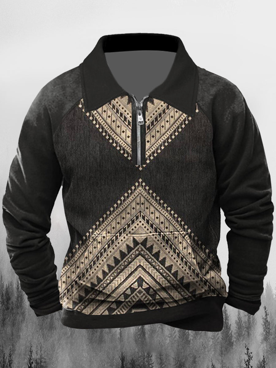 Mænds Vintage vestlige etniske mønstre Print Lapel Splicing lynlås Lange ærmer Sweatshirt