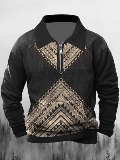 Mænds Vintage vestlige etniske mønstre Print Lapel Splicing lynlås Lange ærmer Sweatshirt