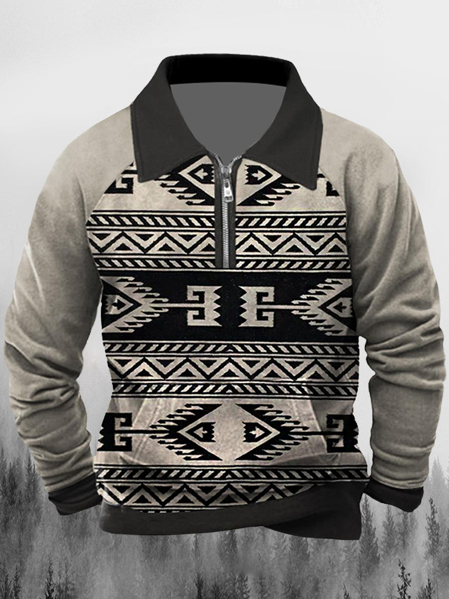 Mænds Vintage vestlige etniske mønstre Print Lapel Splicing lynlås Lange ærmer Sweatshirt