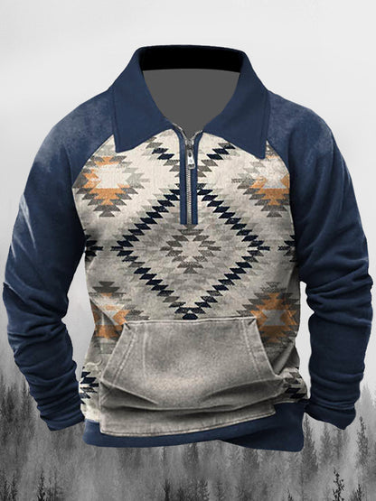 Mænds Vintage vestlige etniske mønstre Print Lapel Splicing lynlås Lange ærmer Sweatshirt