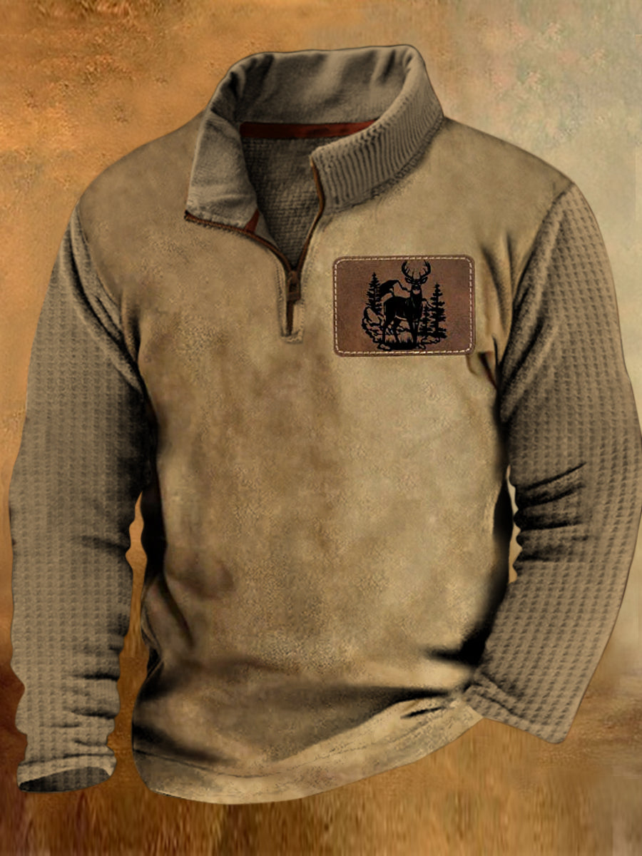 Mænds Vintage Moose Sign Print Lapel Walf Checks splicing lynlås Sweatshirt