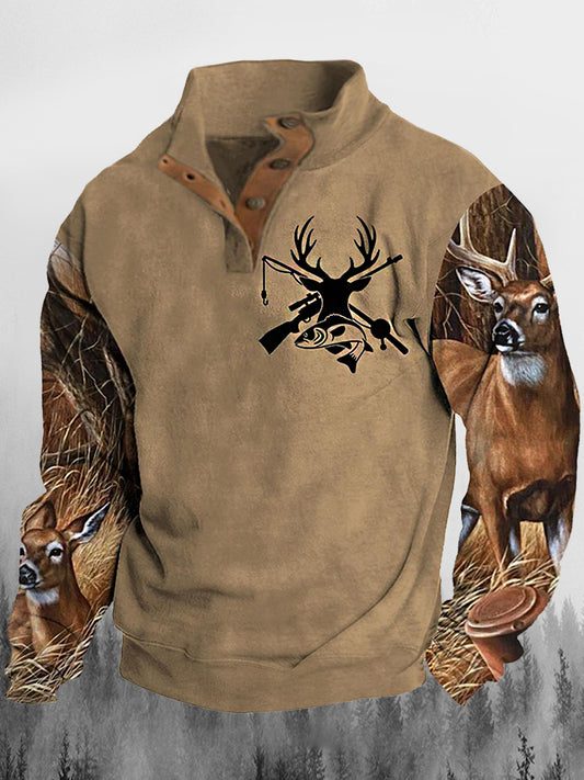 Mænds Western Elk Jagt riffel Print Stand krage knap Flush udendørs sweatshirt
