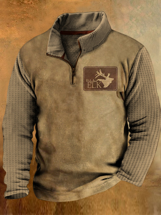 Mænds Vintage Elk skilt 3D Print Lapel Walf Checks splicing lynlås Sweatshirt