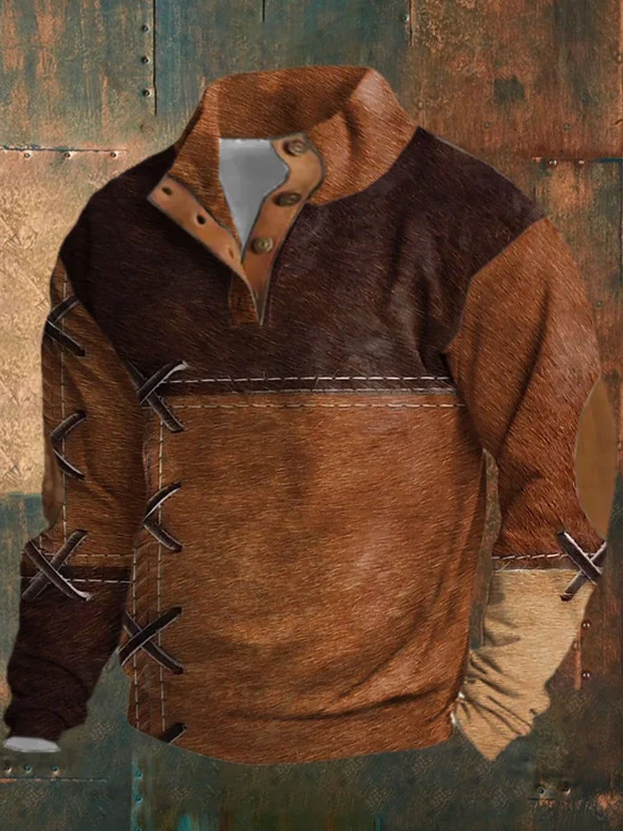 Mænds Hestehår Splicing Trykket stativ krave knap Flush udendørs sweatshirt