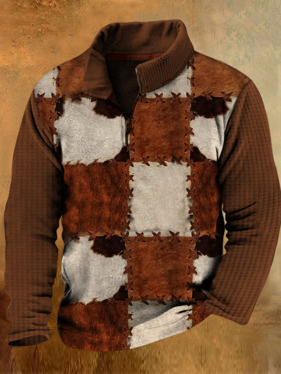 Mænds Western Suede Block Stitching Print Lapel Walf Checks splicing lynlås Sweatshirt