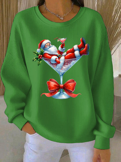 Kvinders jule-sweatshirt med ribbet rundhals og julemand- og vinglas-print