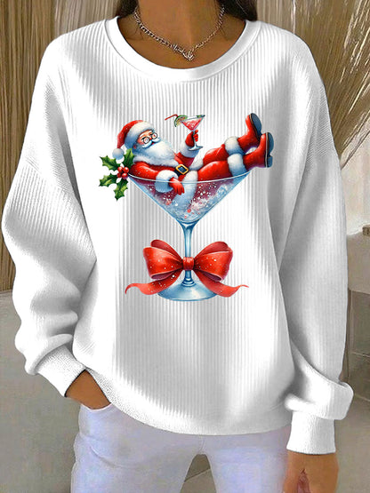 Kvinders jule-sweatshirt med ribbet rundhals og julemand- og vinglas-print