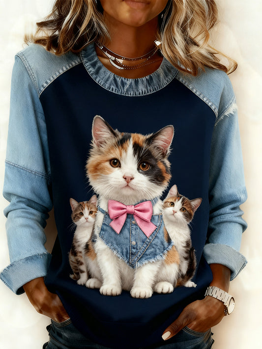 Kvinders Retro Animal Art Print Komfortable Denim Patchwork Sweatshirt