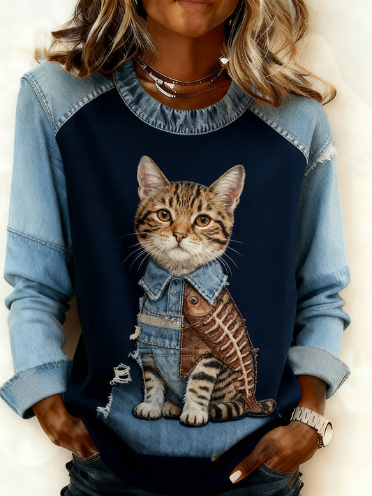 Kvinders Retro Animal Art Print Komfortable Denim Patchwork Sweatshirt