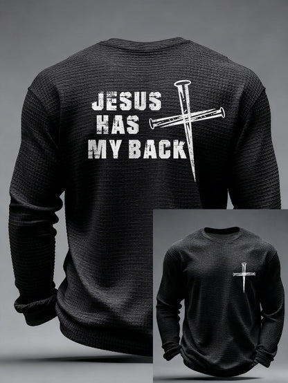 Mænds Jesus har mit rygkors tro Print Casual Waffle Lang ærme T-shirt