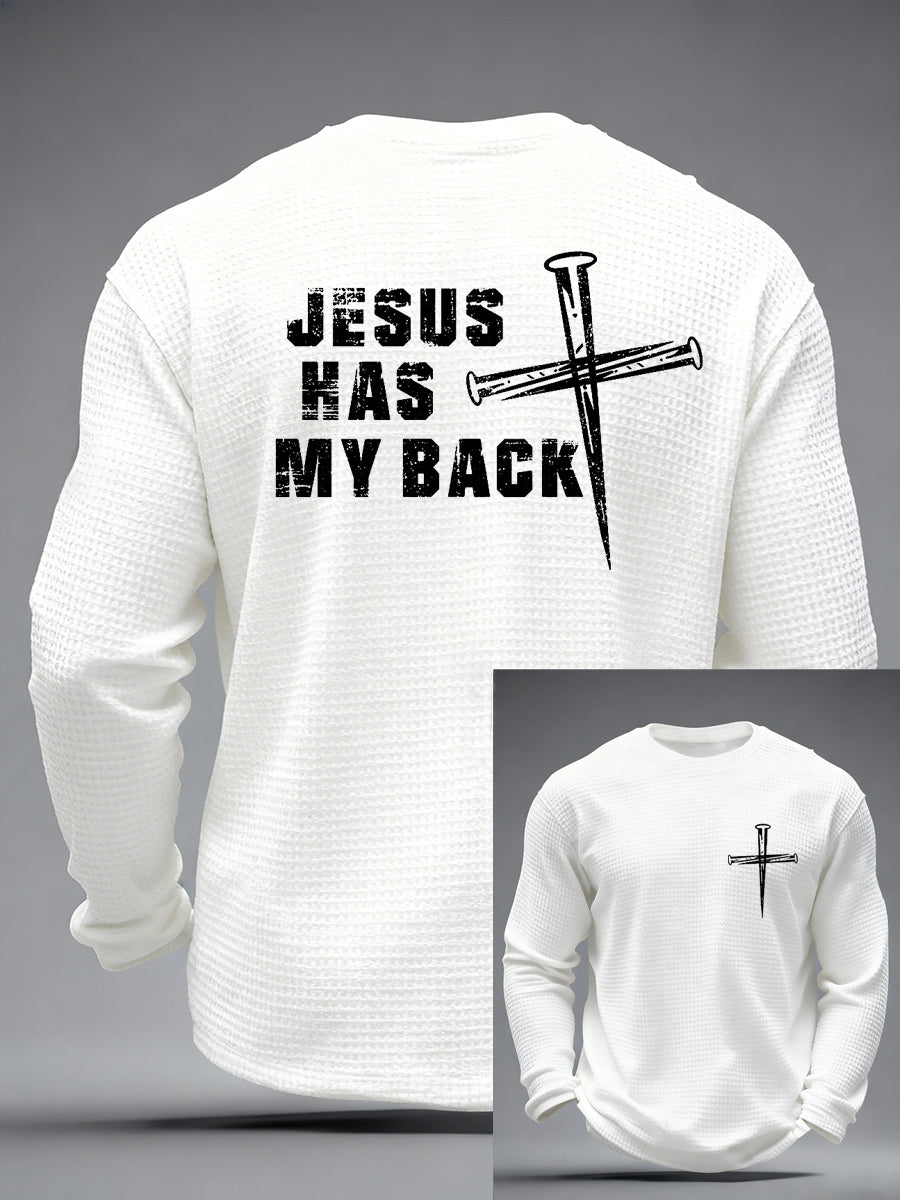 Mænds Jesus har mit rygkors tro Print Casual Waffle Lang ærme T-shirt