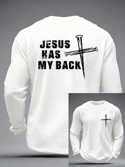 Mænds Jesus har mit rygkors tro Print Casual Waffle Lang ærme T-shirt