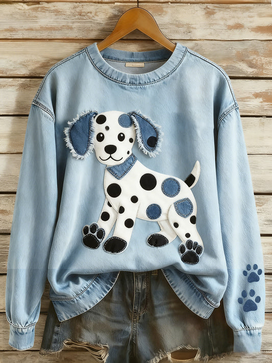 Kvinders Retro Denim Patchwork Animal Art Print Casual Comfort Langærme Sweatshirt