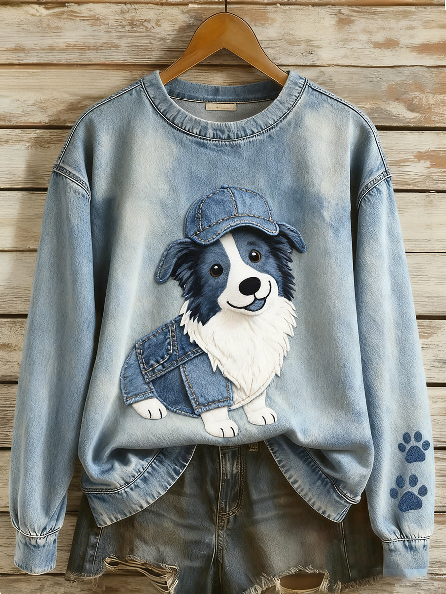 Kvinders Retro Denim Patchwork Animal Art Print Casual Comfort Langærme Sweatshirt