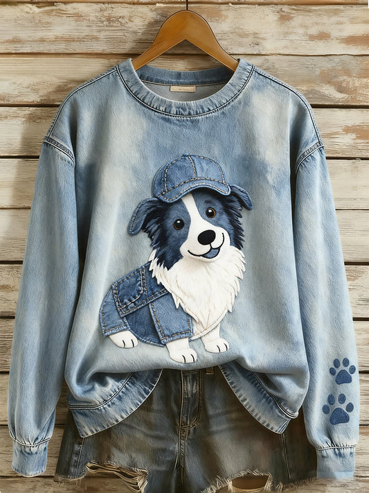 Kvinders Retro Denim Patchwork Animal Art Print Casual Comfort Langærme Sweatshirt
