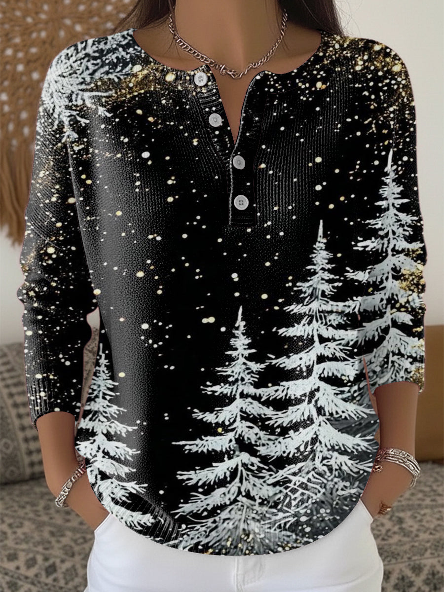 Kvinders hyggelige snepine træ Print Henley hals swee