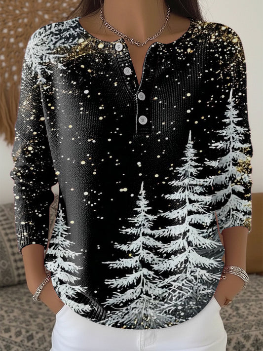 Kvinders hyggelige snepine træ Print Henley hals swee