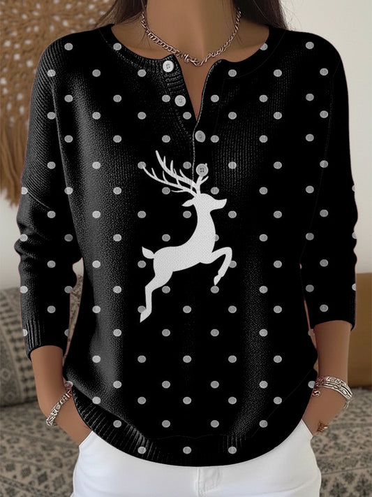 Kvinders Chic Polka Dot rensdyr Print Henley hals Sweater Print