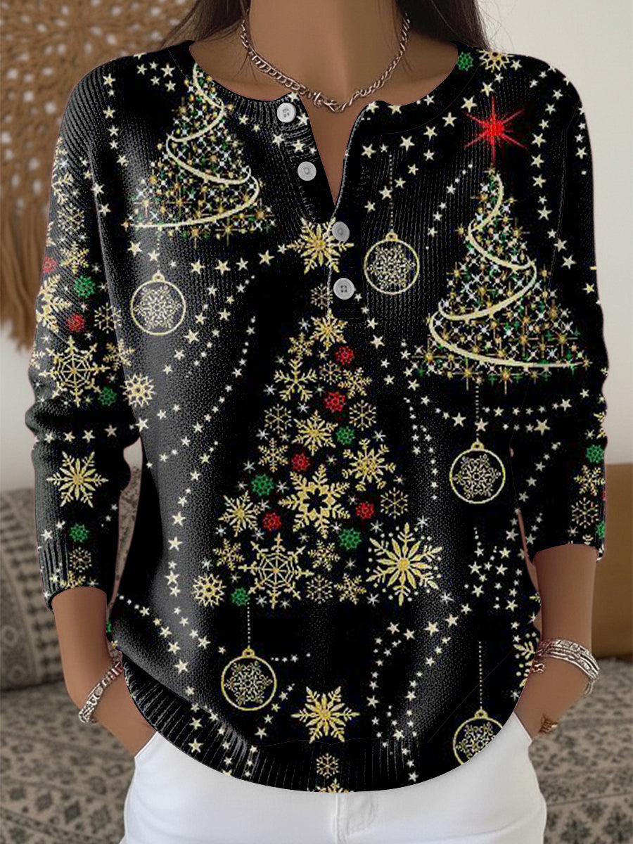 Kvinders gnistfulde snefnug & juletræ Print Henley hals Sweater Print