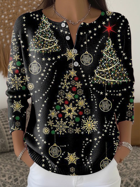 Kvinders gnistfulde snefnug & juletræ Print Henley hals Sweater Print