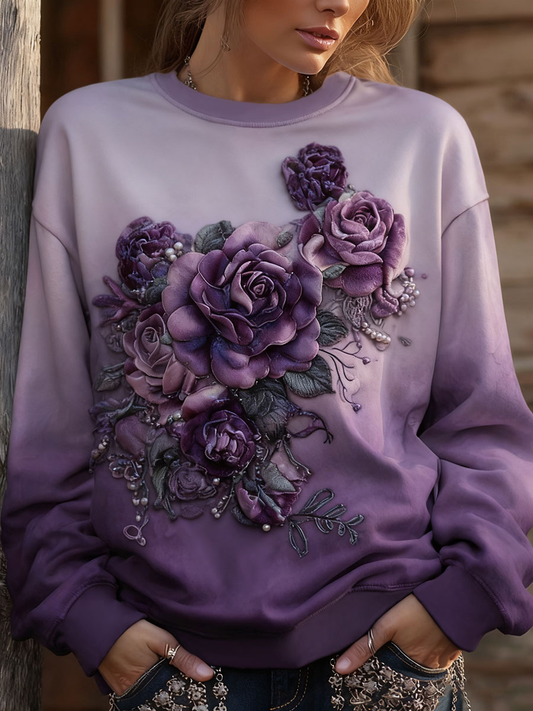 Kvinder Casual lilla blomster regulær sweatshirt
