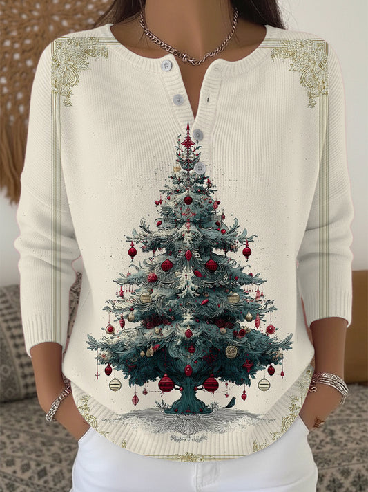 Kvinders festlig ornate juletræ Print Henley hals swee