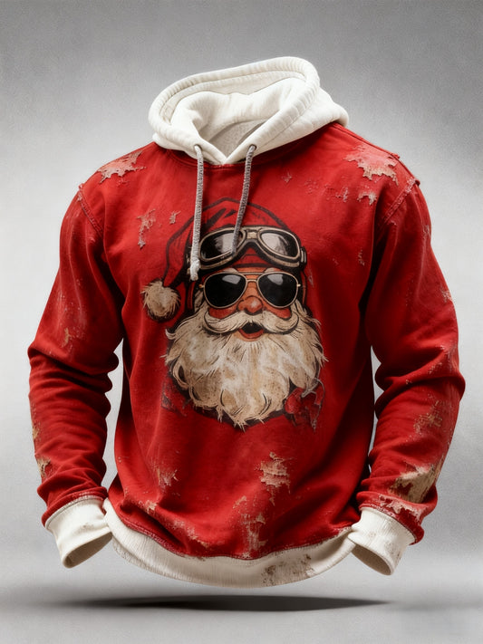 Vintage Christmas Solbriller Santa Claus Distressed Patchwork Print Casual Langærme Hooded sweatshirt