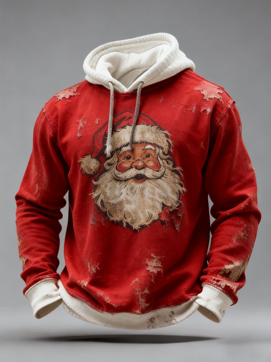 Vintage julemand Santa Claus forstyrret patchwork Print Casual Langærme Hooded sweatshirt