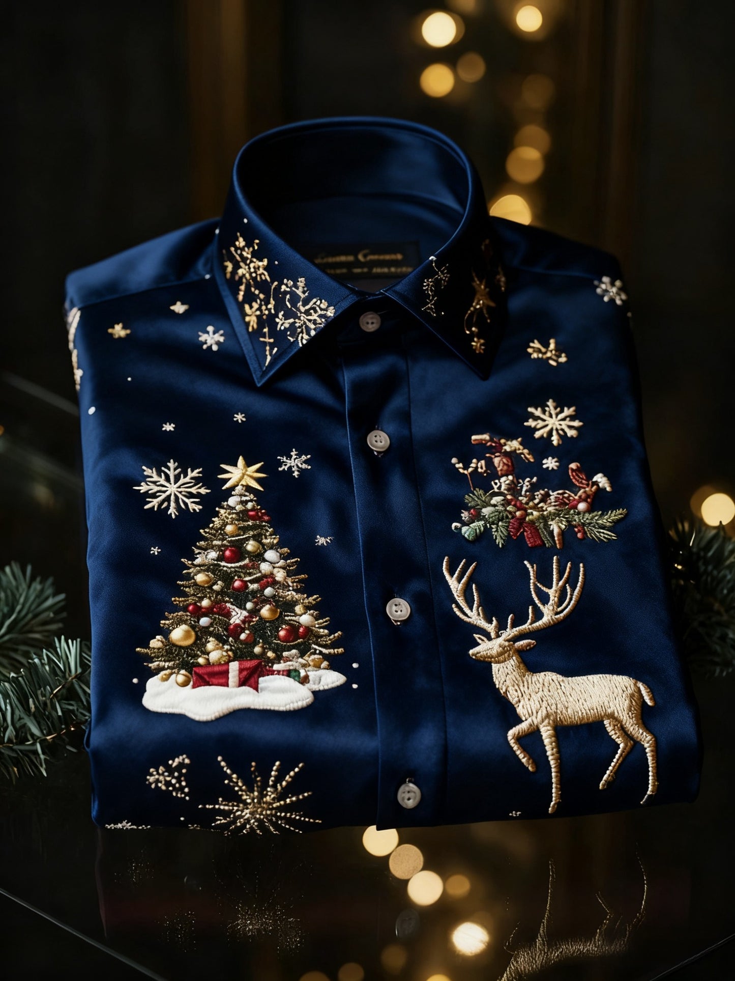 Vintage juletræ rensdyr Print Royal Luxury Langærme skjorte