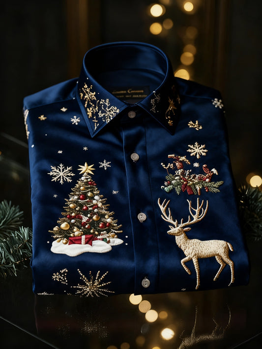 Vintage juletræ rensdyr Print Royal Luxury Langærme skjorte