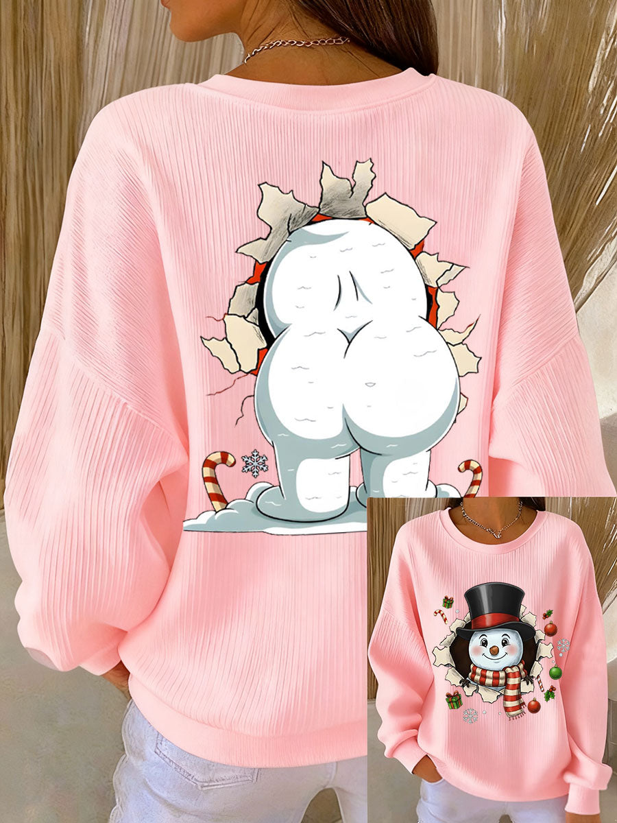 Kvinders sweatshirt med sjov snemand til jul og ribbet rund hals