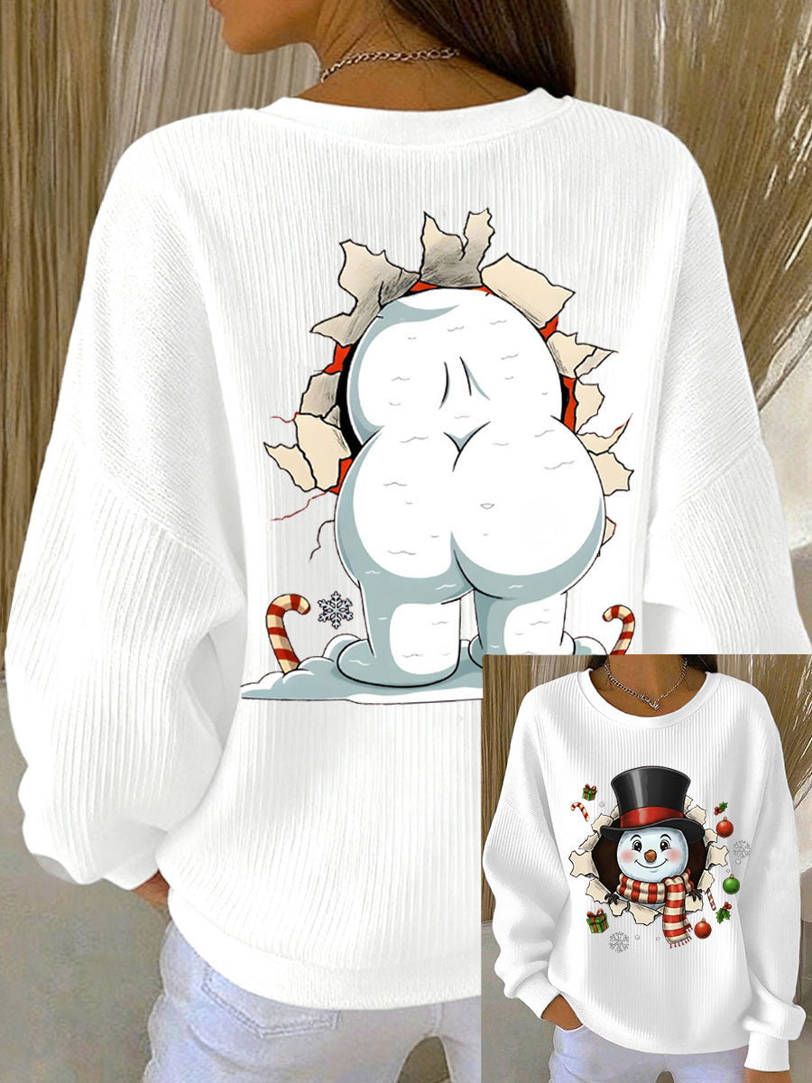 Kvinders sweatshirt med sjov snemand til jul og ribbet rund hals