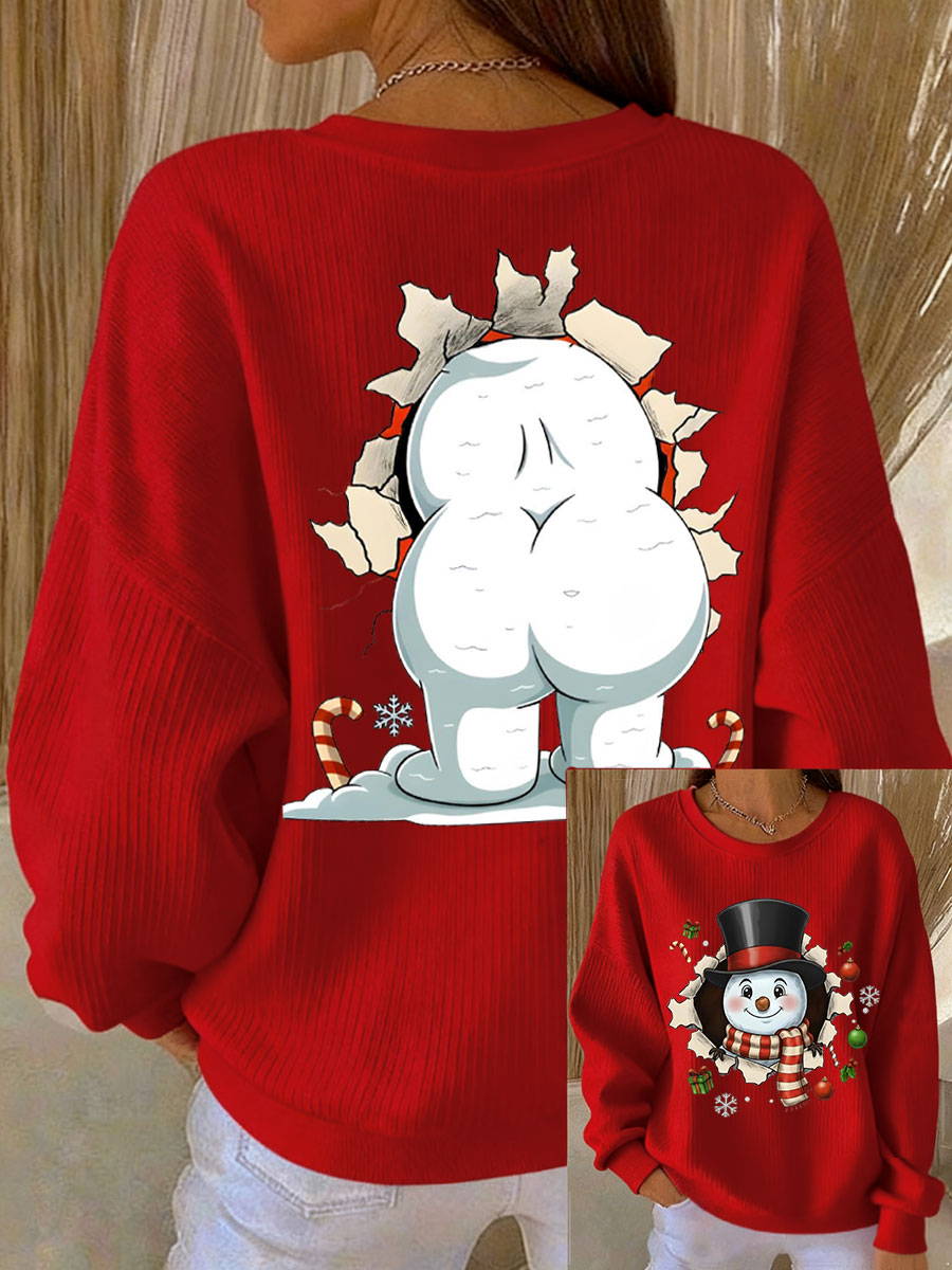 Kvinders sweatshirt med sjov snemand til jul og ribbet rund hals